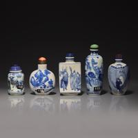 Five Chinese Blue and White Porcelain Snuff Bottles, 19th-Early 20th Century 晚清-民國 青花鼻烟壺五支