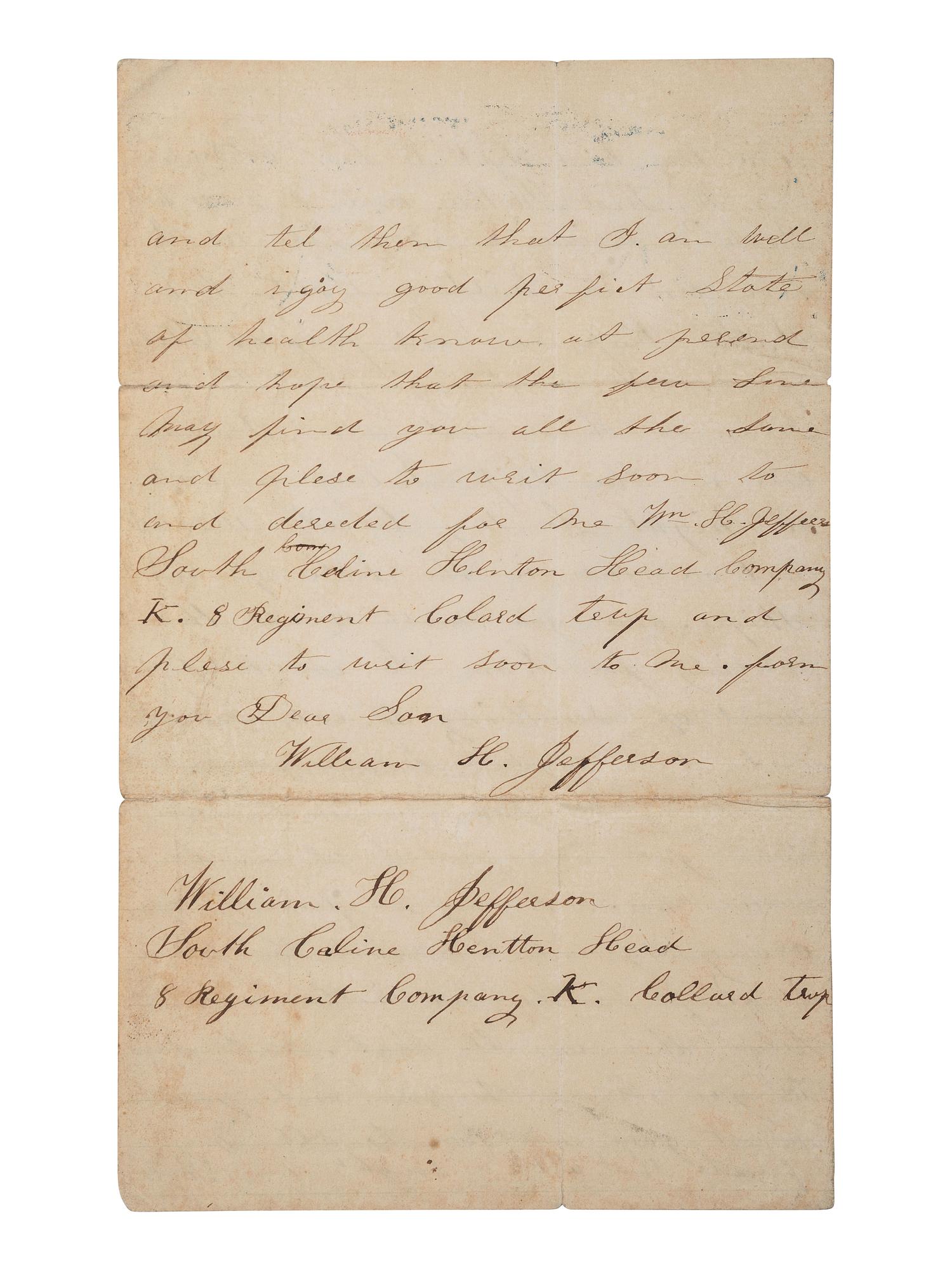 [CIVIL WAR]. Correspondence with African American soldier William Jefferson, 8th US Colored Troops, incl. a letter from his mother, and a circular issued to the 20th and 26th Regiments USCTs.