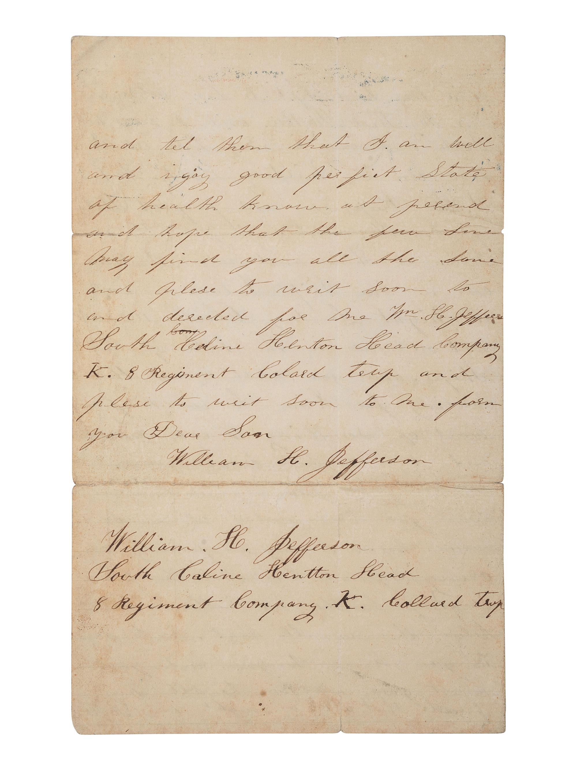[CIVIL WAR]. Correspondence with African American soldier William Jefferson, 8th US Colored Troops, incl. a letter from his mother, and a circular issued to the 20th and 26th Regiments USCTs.