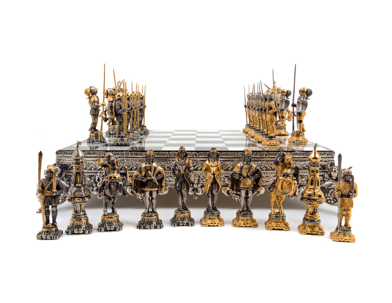 A Giuseppe Vasari Gilt and Silvered Bronze Medieval Chess Set