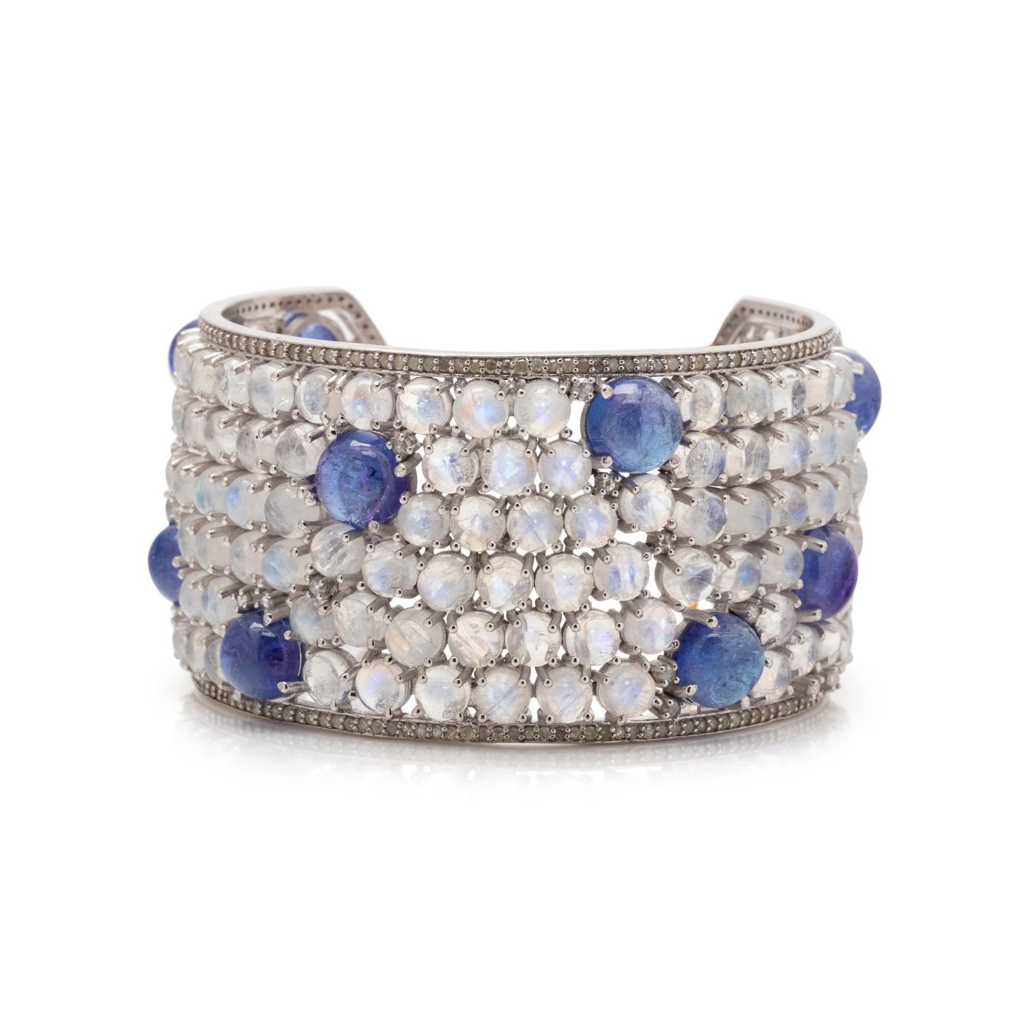 TANZANITE, MOONSTONE AND DIAMOND CUFF BRACELET