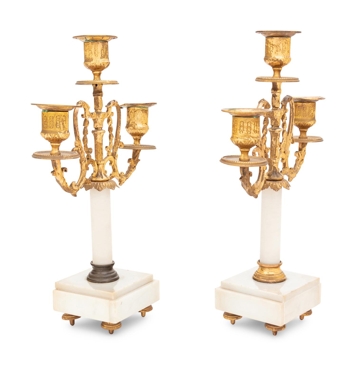 A Pair of Gilt Bronze and Marble Three-Light Candelabra