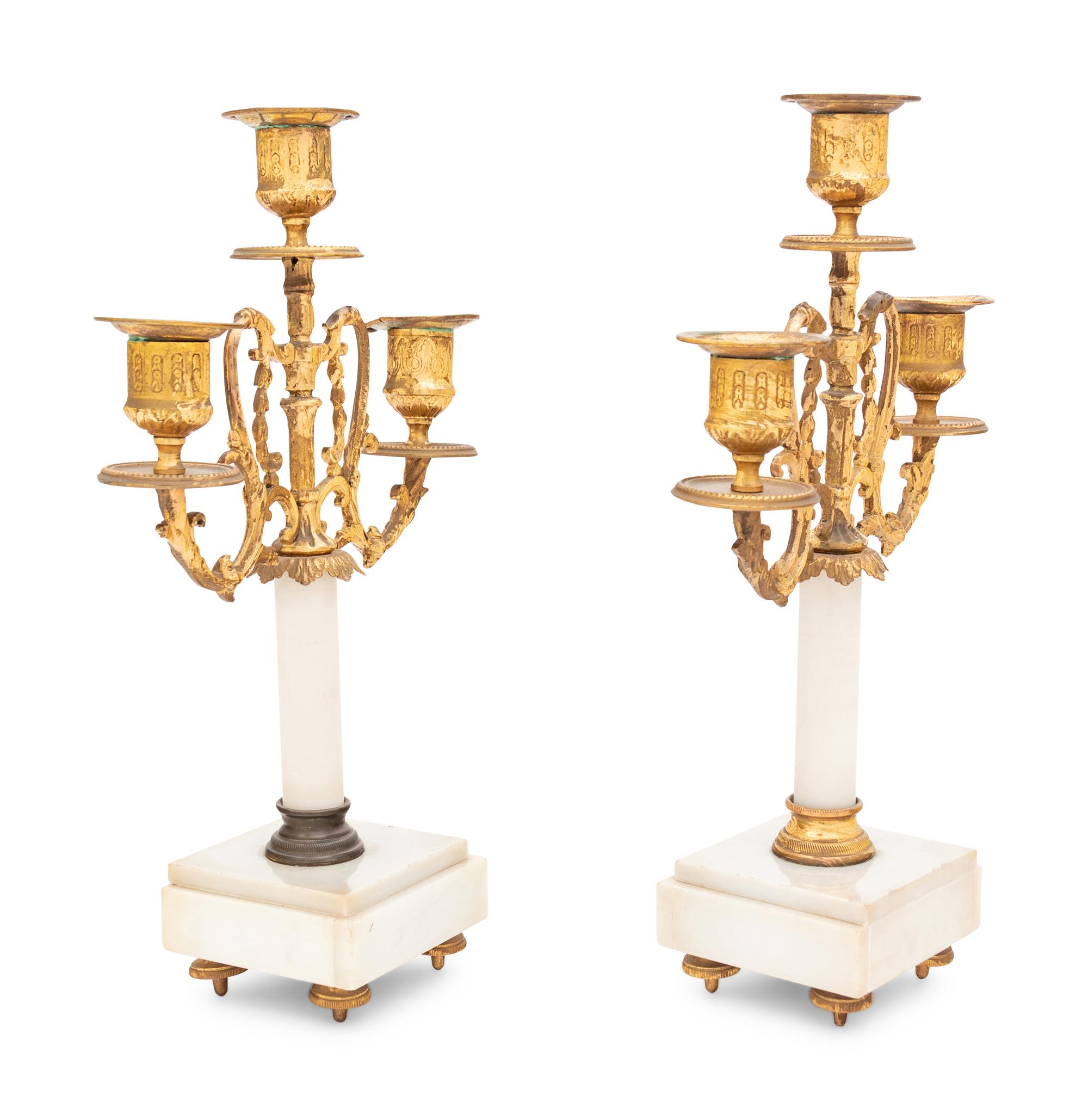 A Pair of Gilt Bronze and Marble Three-Light Candelabra