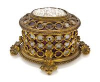 A French Cameo Inset Gilt Bronze Table Casket, Tahan, Height 5 1/2 x diameter 4 inches.