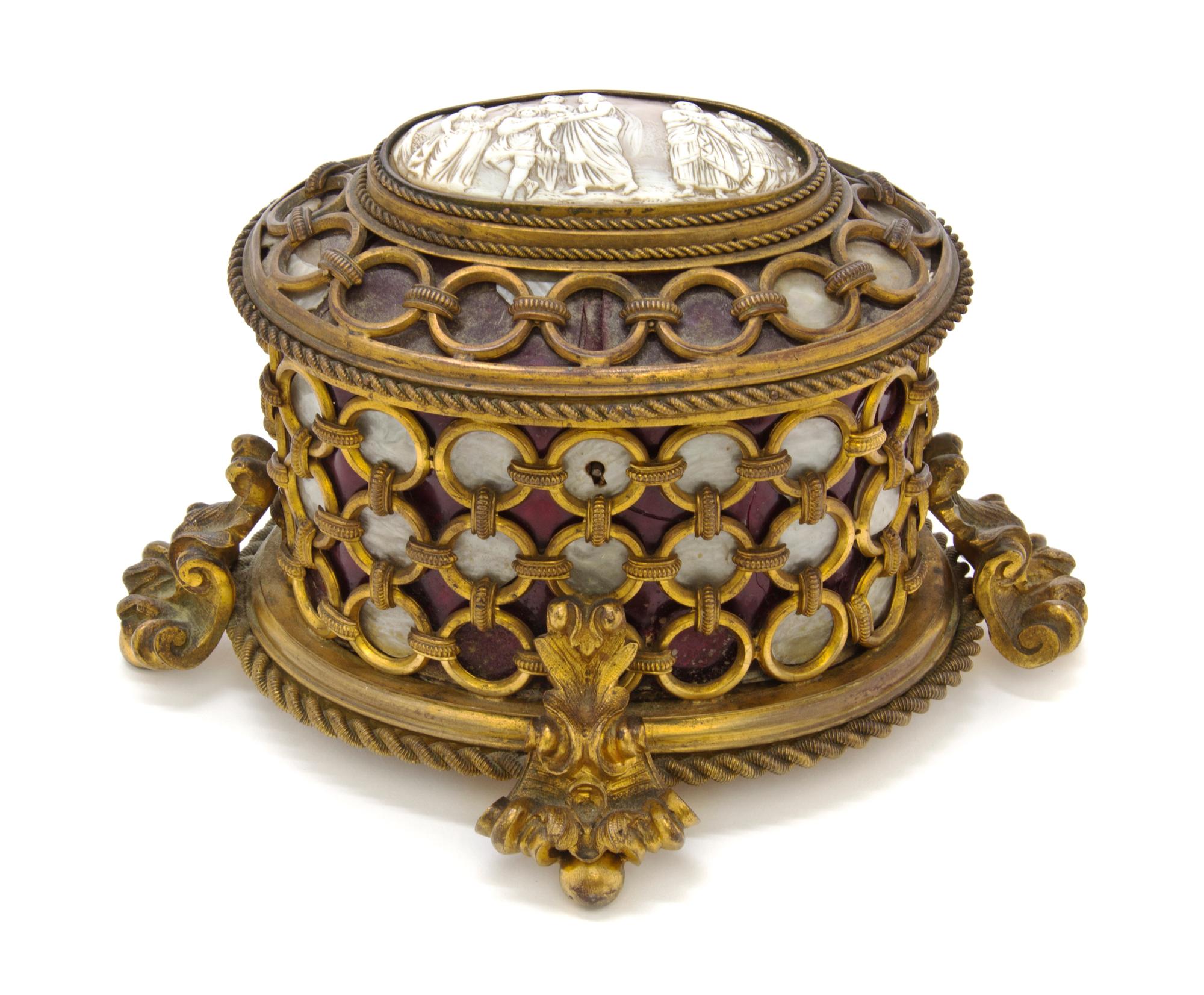 A French Cameo Inset Gilt Bronze Table Casket, Tahan, Height 5 1/2 x diameter 4 inches.