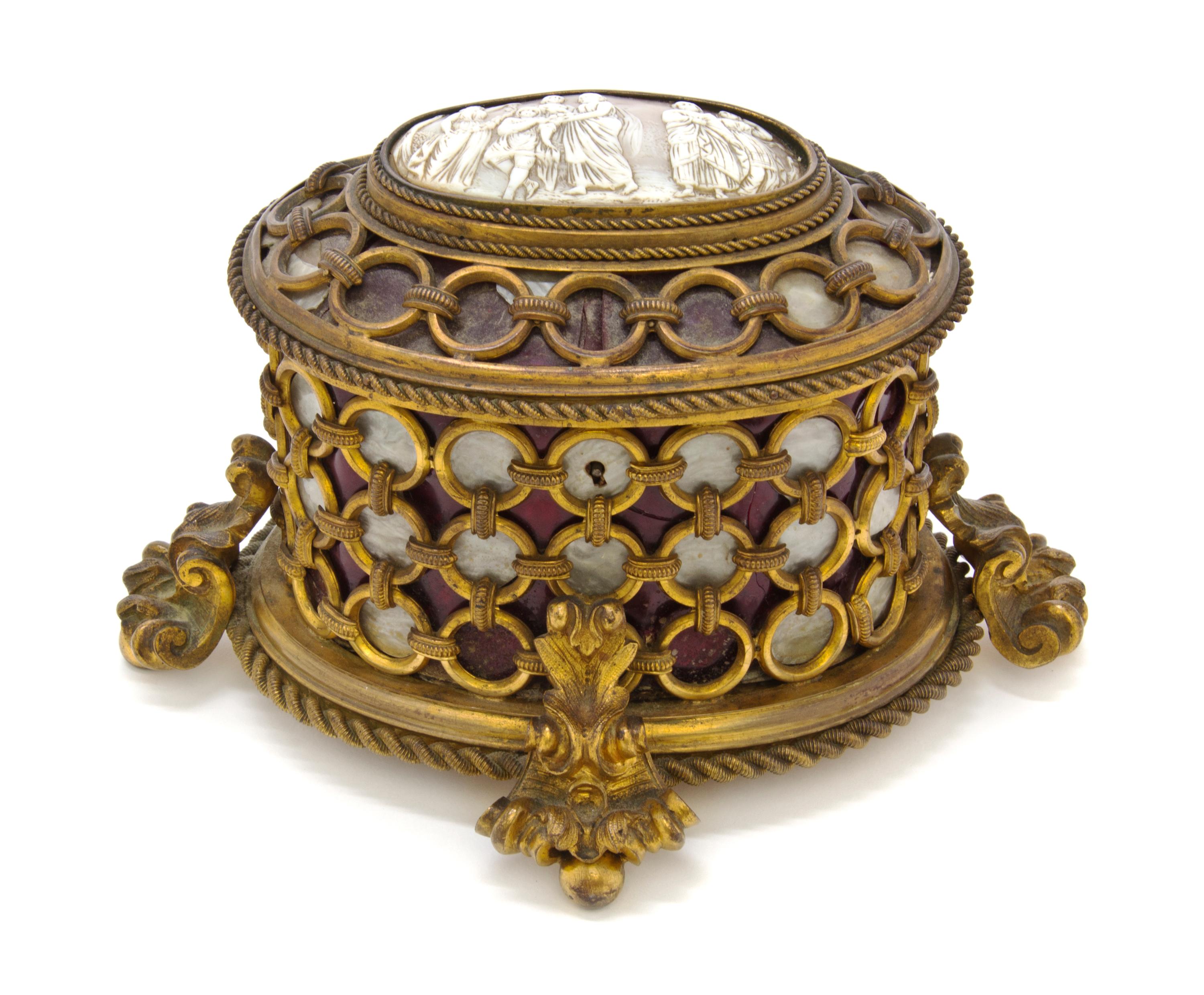 A French Cameo Inset Gilt Bronze Table Casket, Tahan, Height 5 1/2 x diameter 4 inches.