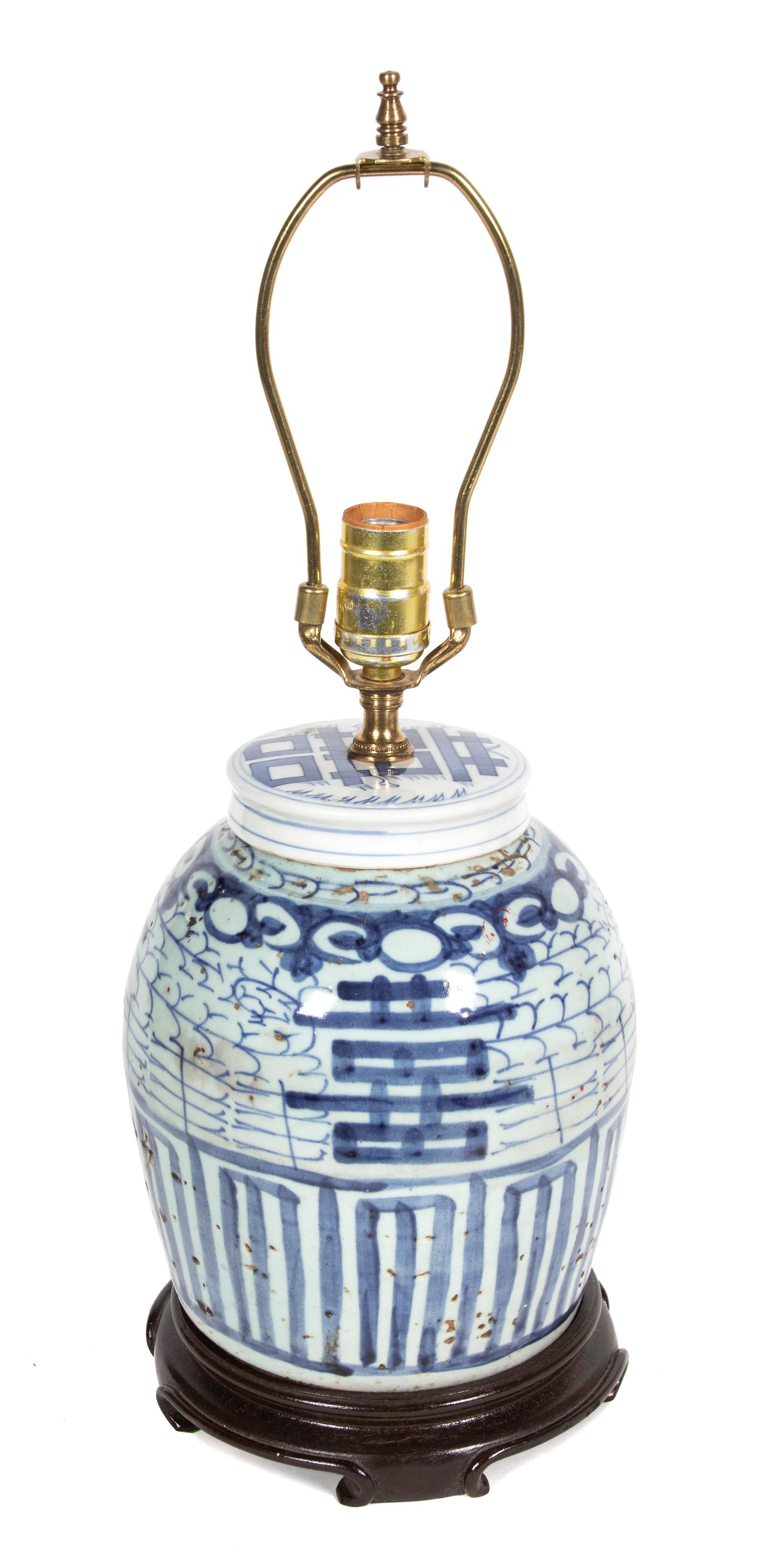 A Chinese Blue and White Porcelain Covered Jar Mounted as a Lamp