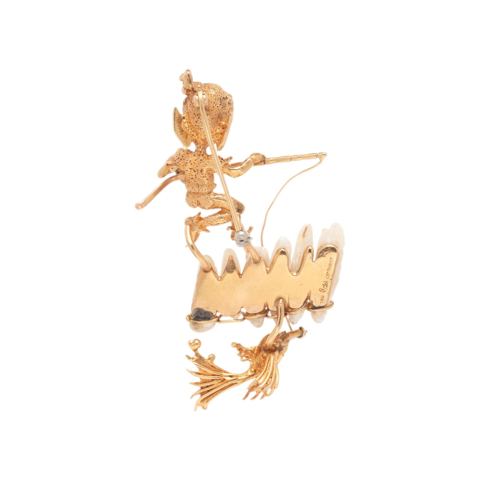 RUSER, YELLOW GOLD AND FRESHWATER CULTURED PEARL BROOCH