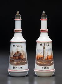 A Pair of Hand Painted Personalized Milk Glass Barber's Bottles