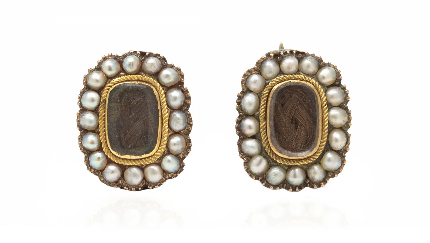 A Pair of Georgian Gold, Seed Pearl and Woven Hair Mourning Pins, 2.40 dwts.