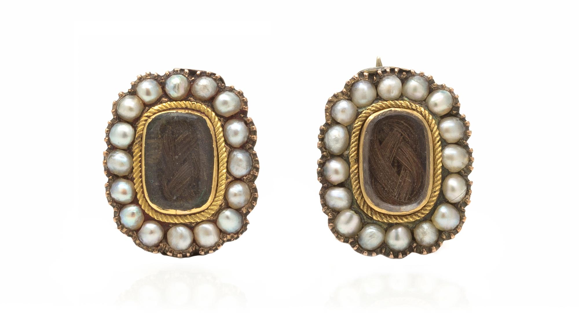A Pair of Georgian Gold, Seed Pearl and Woven Hair Mourning Pins, 2.40 dwts.