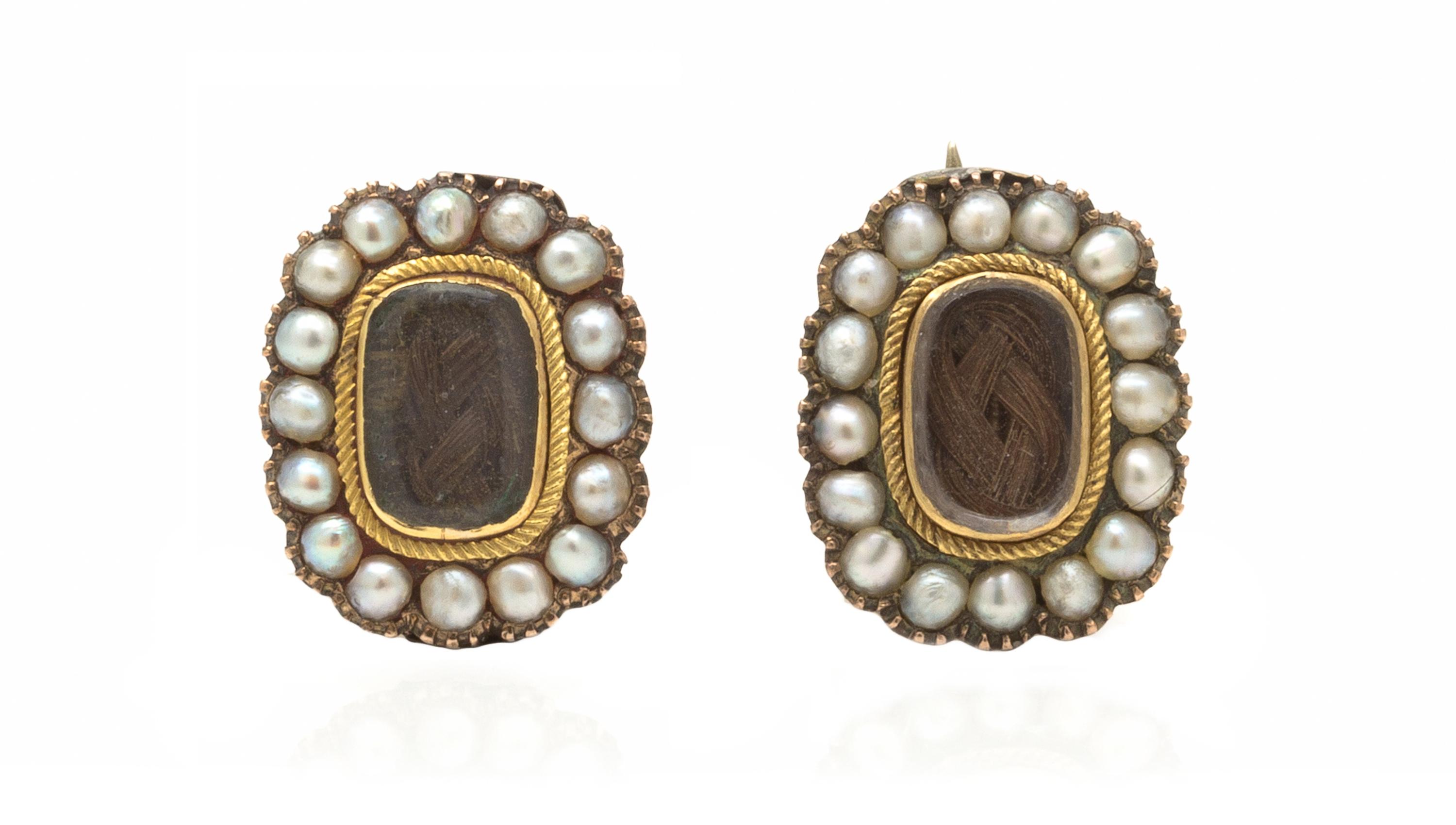 A Pair of Georgian Gold, Seed Pearl and Woven Hair Mourning Pins, 2.40 dwts.