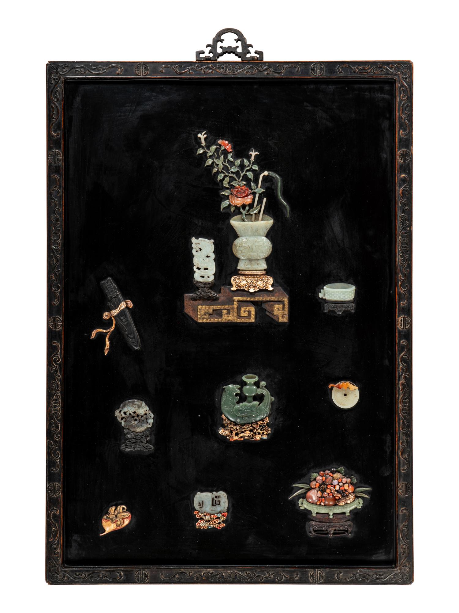 A Pair of Chinese Embellished Black Lacquered Wall Panels