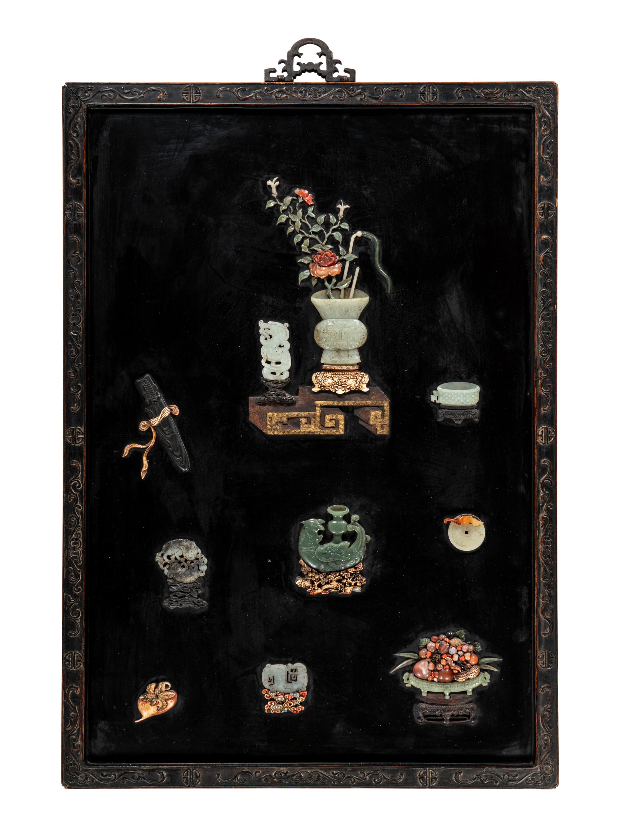 A Pair of Chinese Embellished Black Lacquered Wall Panels