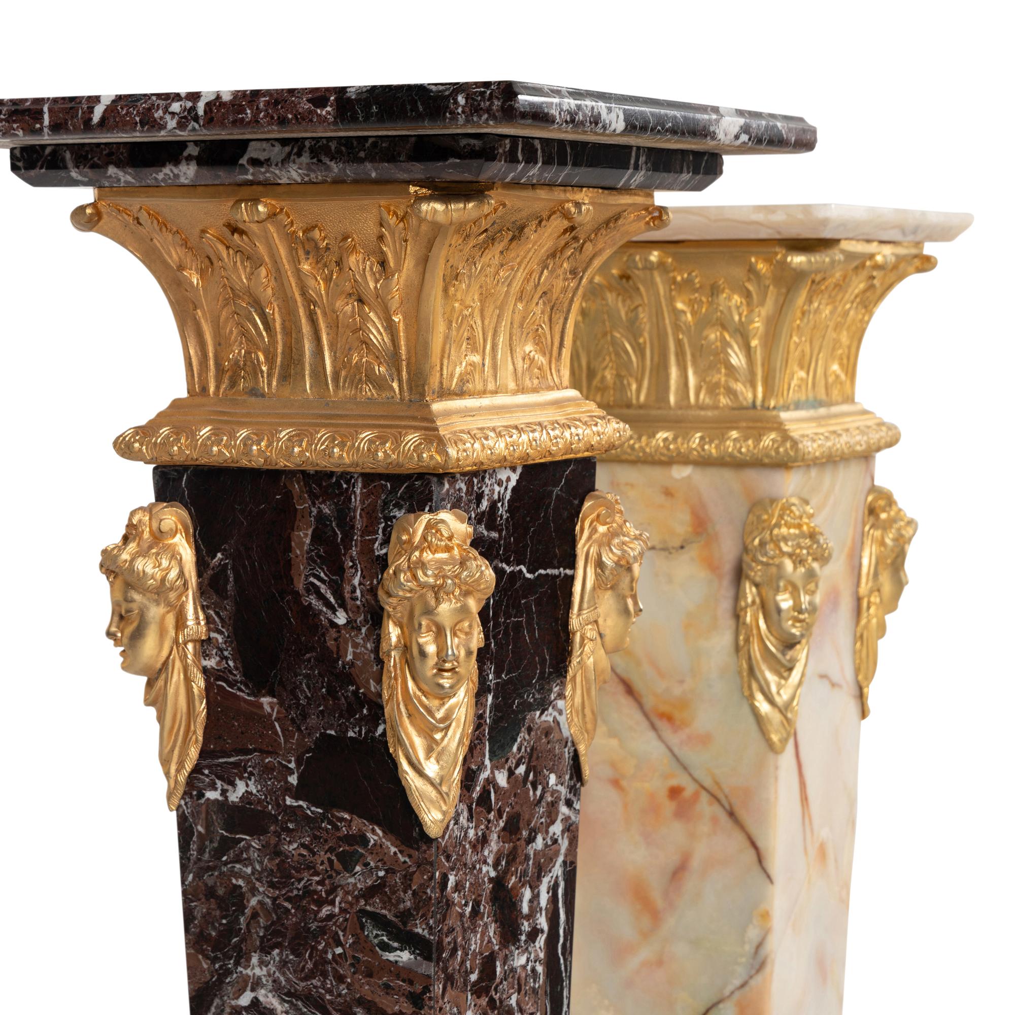 Two Neoclassical Style Gilt Bronze Mounted Onyx and Marble Pedestals