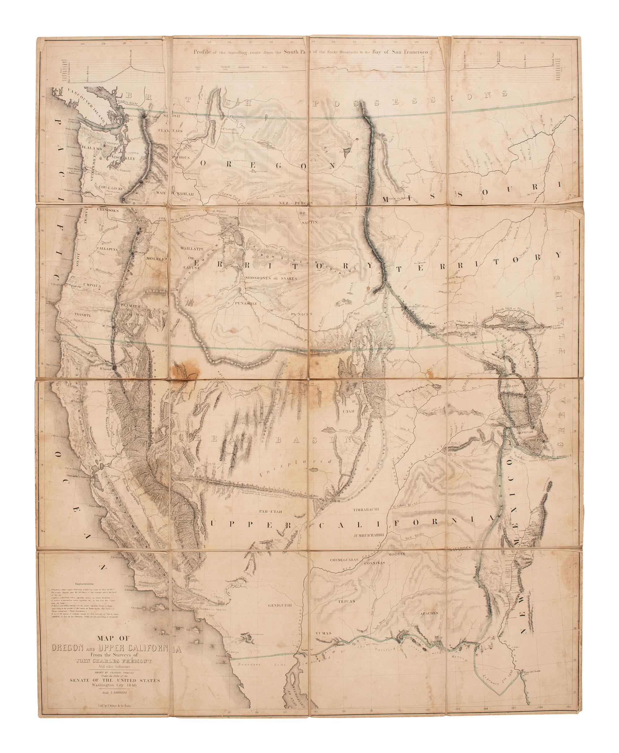 [GOLD RUSH]. PREUSS, Charles. Map of Oregon and Upper California from the Surveys of John Charles Frémont And other Authorities.. .1848 . Inscribed by likely forty-niner Charles Weigandt.