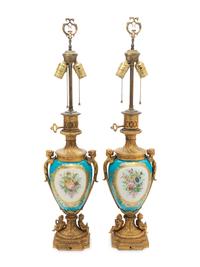 A Pair of Sèvres Style Gilt Bronze Mounted "Jeweled" Porcelain Fluid Lamps