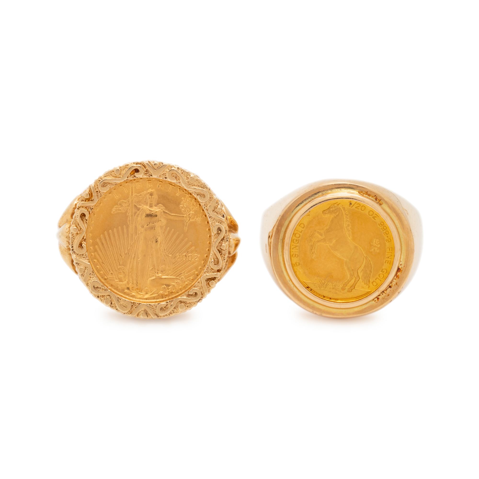 COLLECTION OF YELLOW GOLD AND COIN RINGS