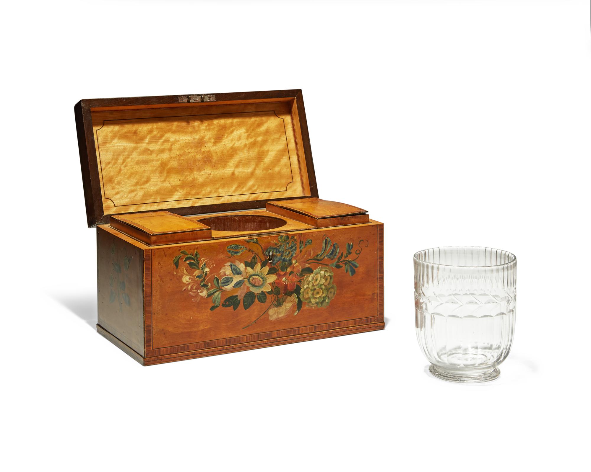 A Regency inlaid and paint-decorated satinwood tea caddy, circa 1810