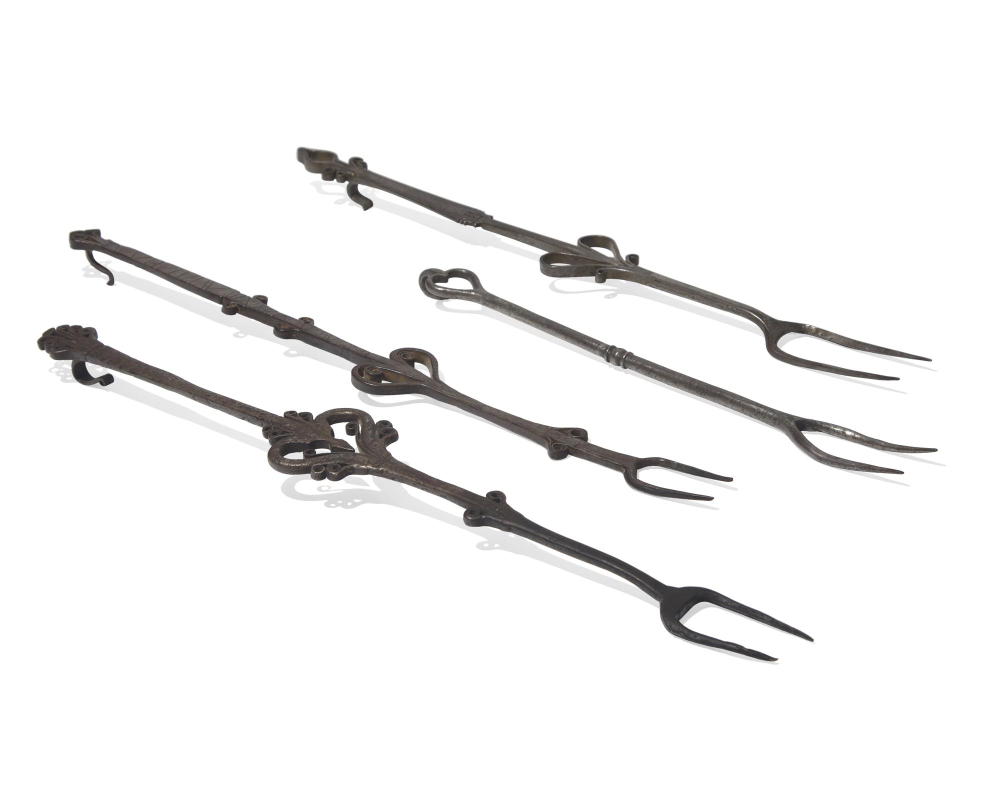 A Group of Four Wrought Iron or Steel Roasting Forks, Probably French or Flemish, 18th Century