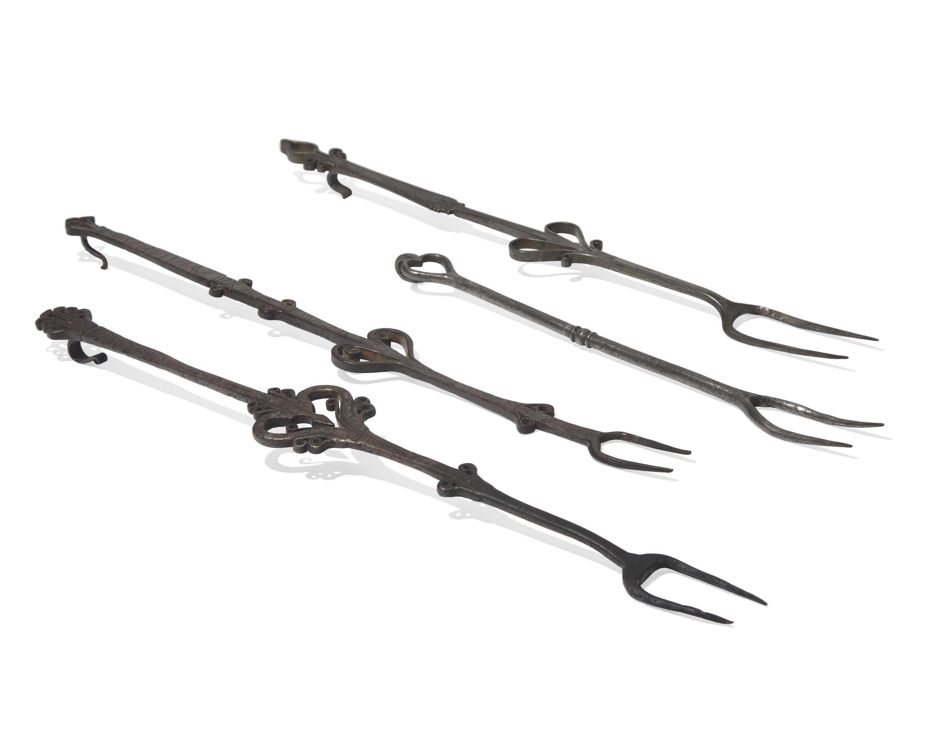 A Group of Four Wrought Iron or Steel Roasting Forks, Probably French or Flemish, 18th Century