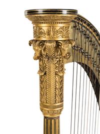 A Regency Brass Mounted, Stencil Decorated, Parcel Gilt and Ebonized Harp