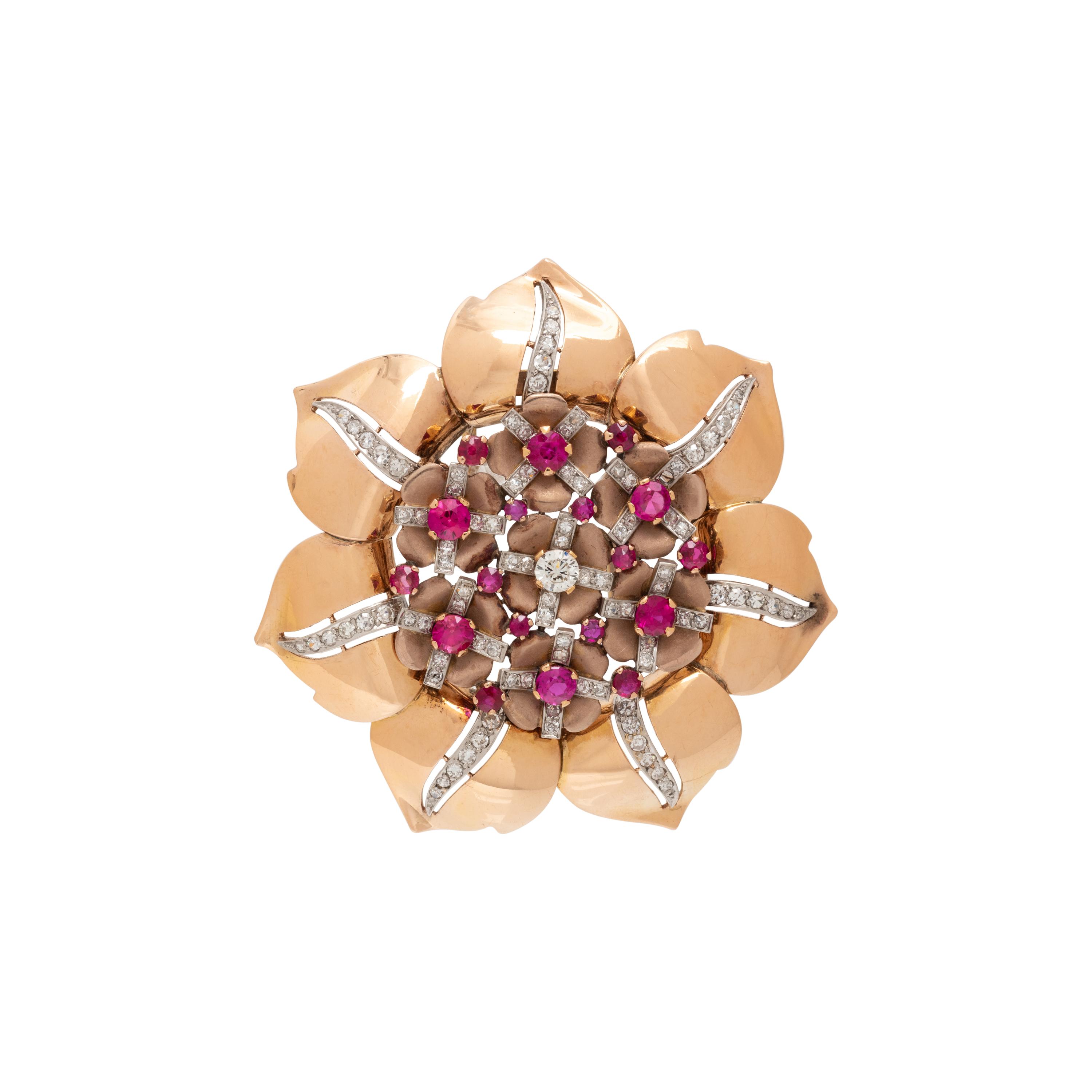 RETRO, DIAMOND AND SYNTHETIC RUBY FLOWER BROOCH