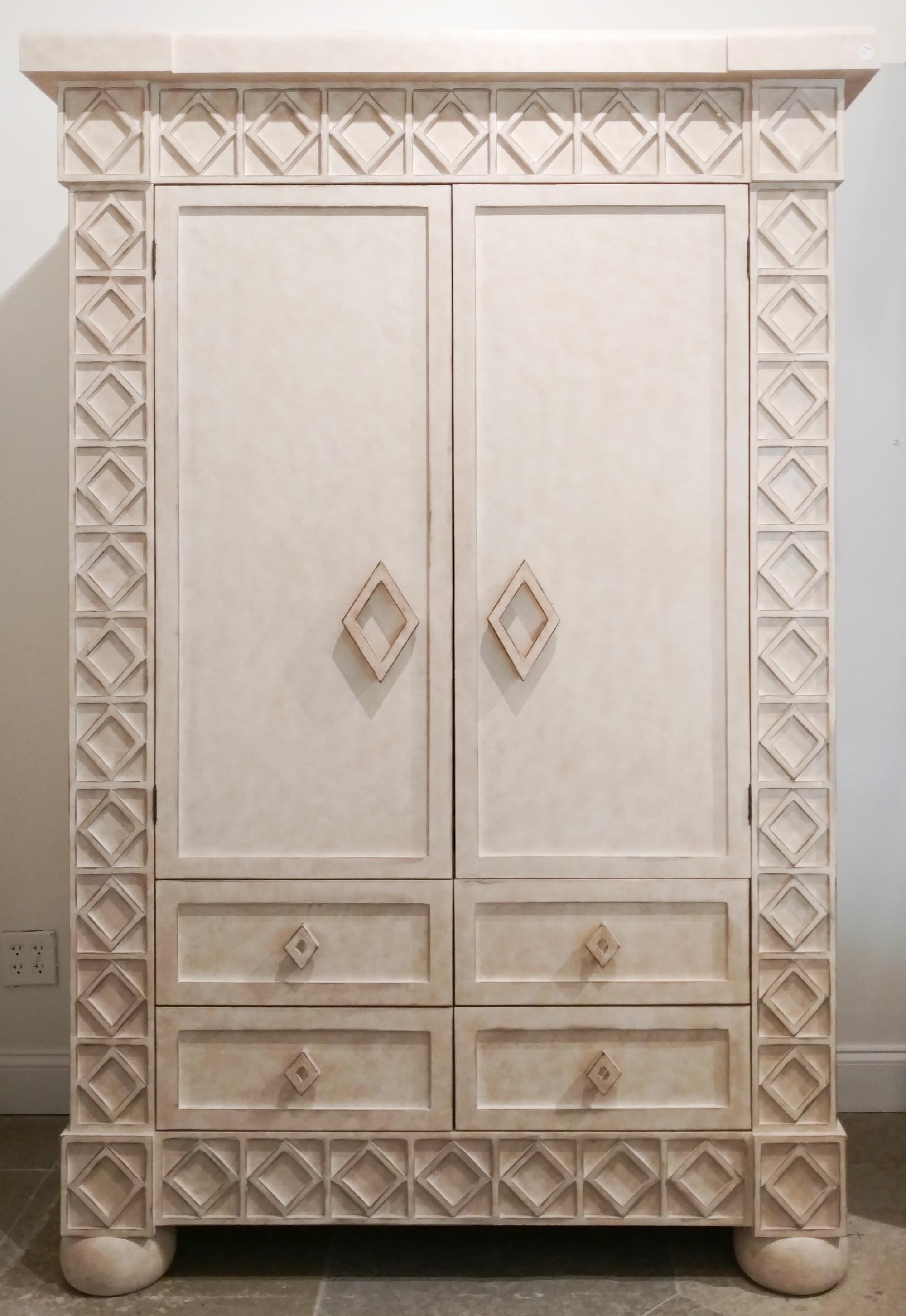 A Cream-Painted Carved Wood Armoire Height 80 x width 50 x depth 25 1/2 inches. — 20TH CENTURY