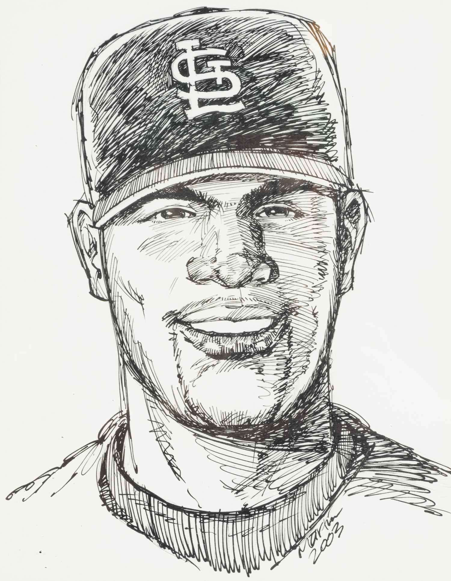 An Original 2003 Pen and Ink Cartoon Portrait of Albert Pujols by St. Louis Post-Dispatch Artist Dan Martin