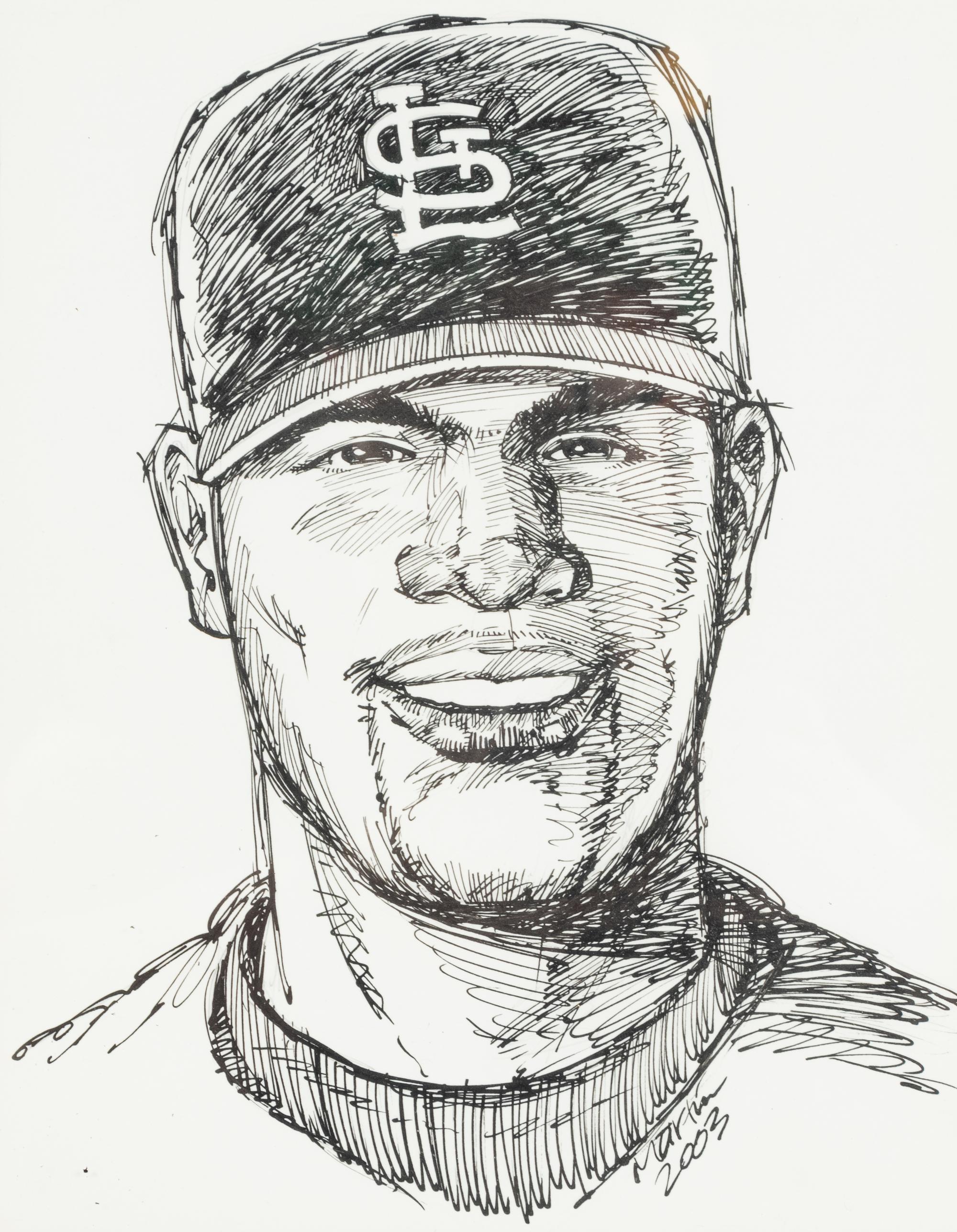 An Original 2003 Pen and Ink Cartoon Portrait of Albert Pujols by St. Louis Post-Dispatch Artist Dan Martin