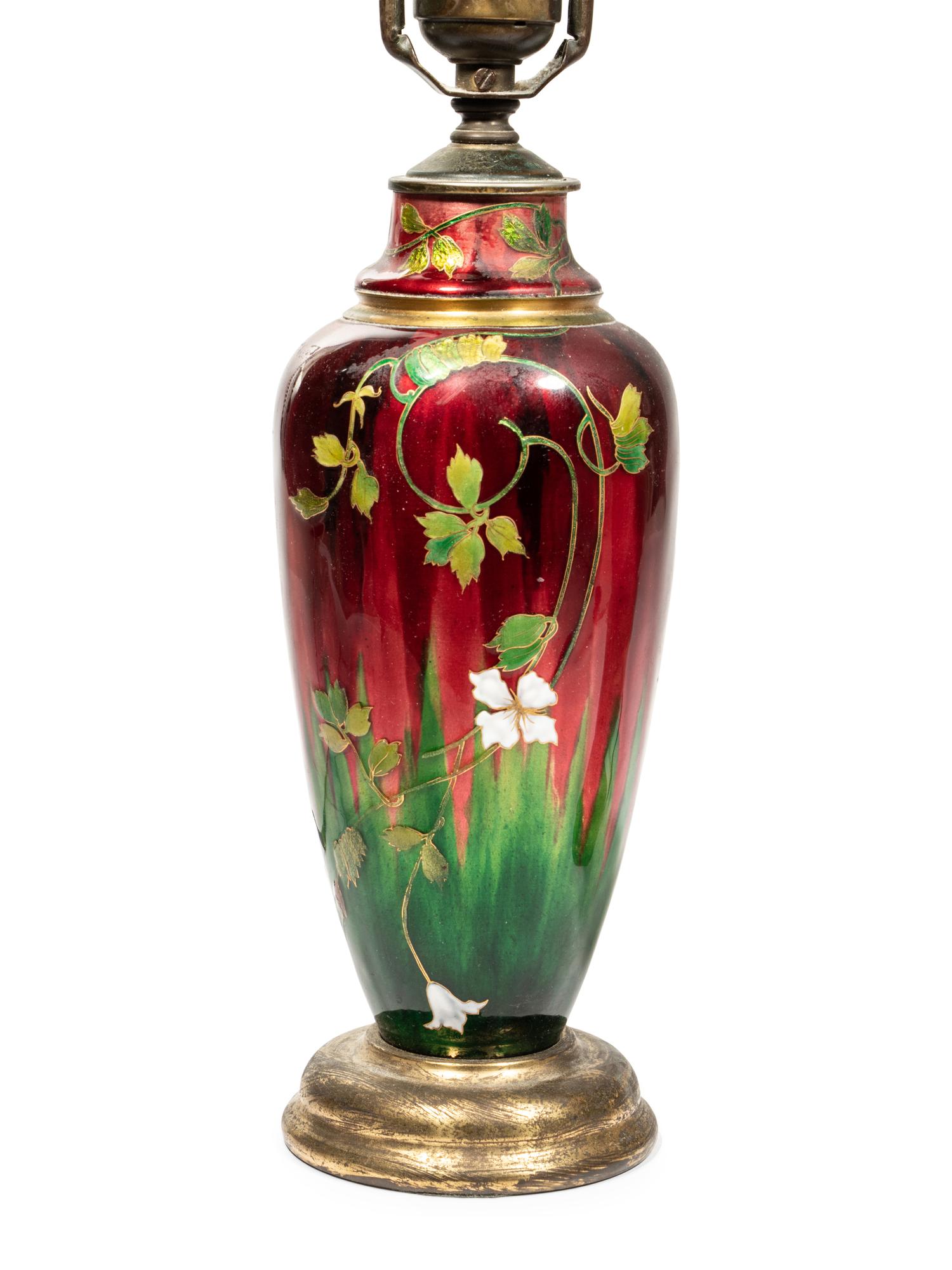 A Pair of French Enameled Metal Vases Mounted as Lamps