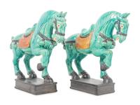 A Pair of Turquoise Glazed Pottery Horses