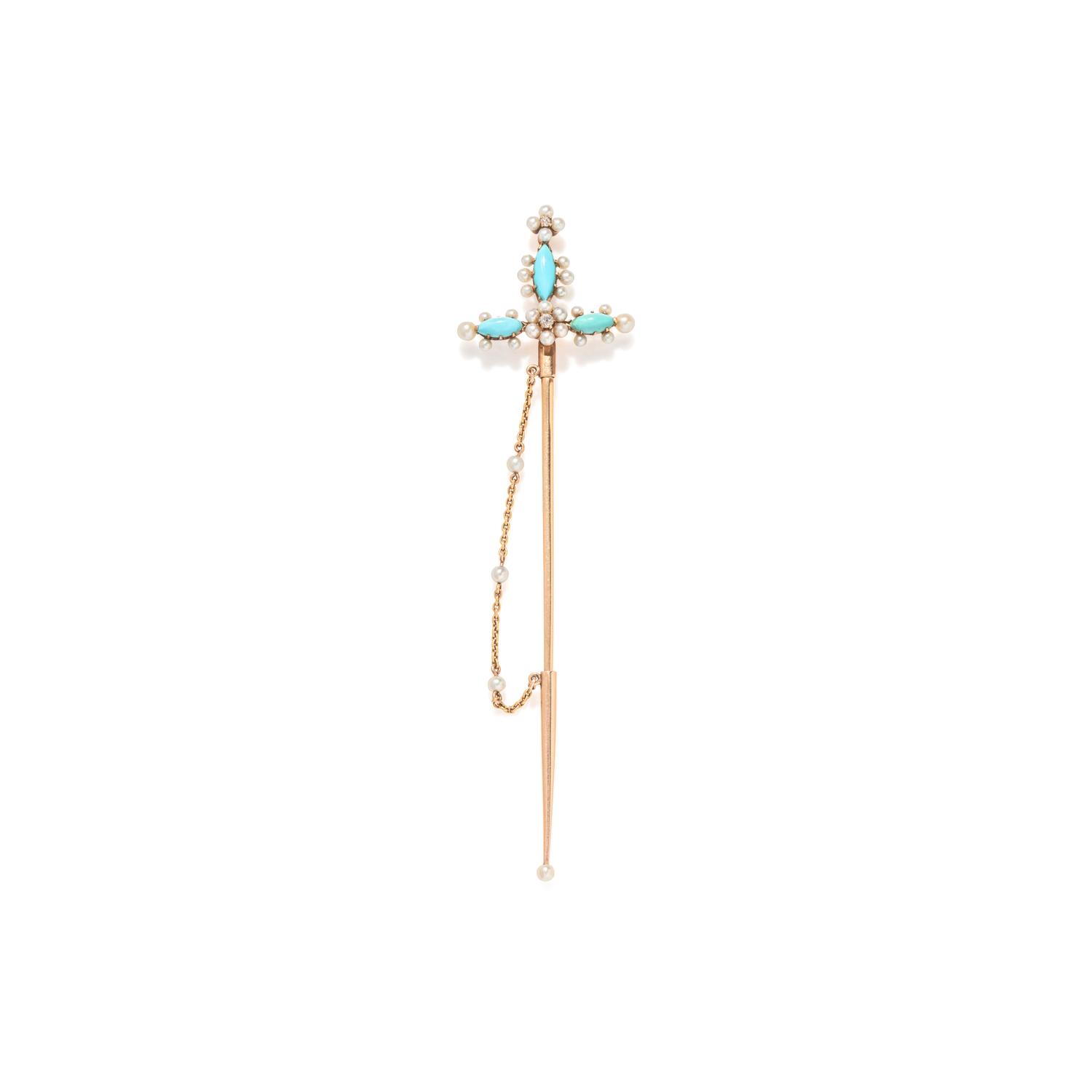 DIAMOND, TURQUOISE AND SEED PEARL JABOT
