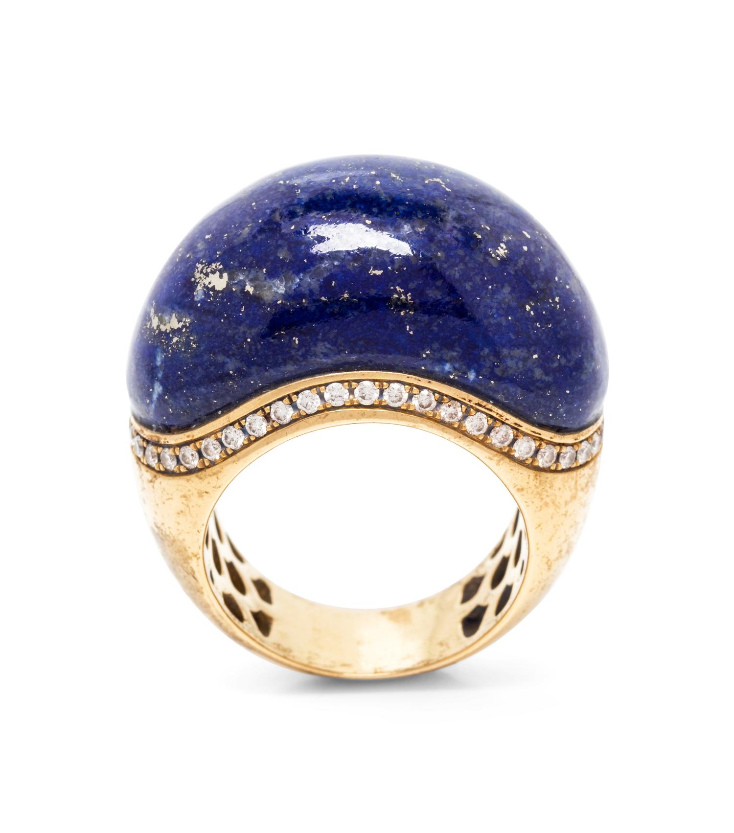 An 18 Karat Yellow Gold, Lapis Lazuli and Diamond Bombe Ring, Roberto Coin,