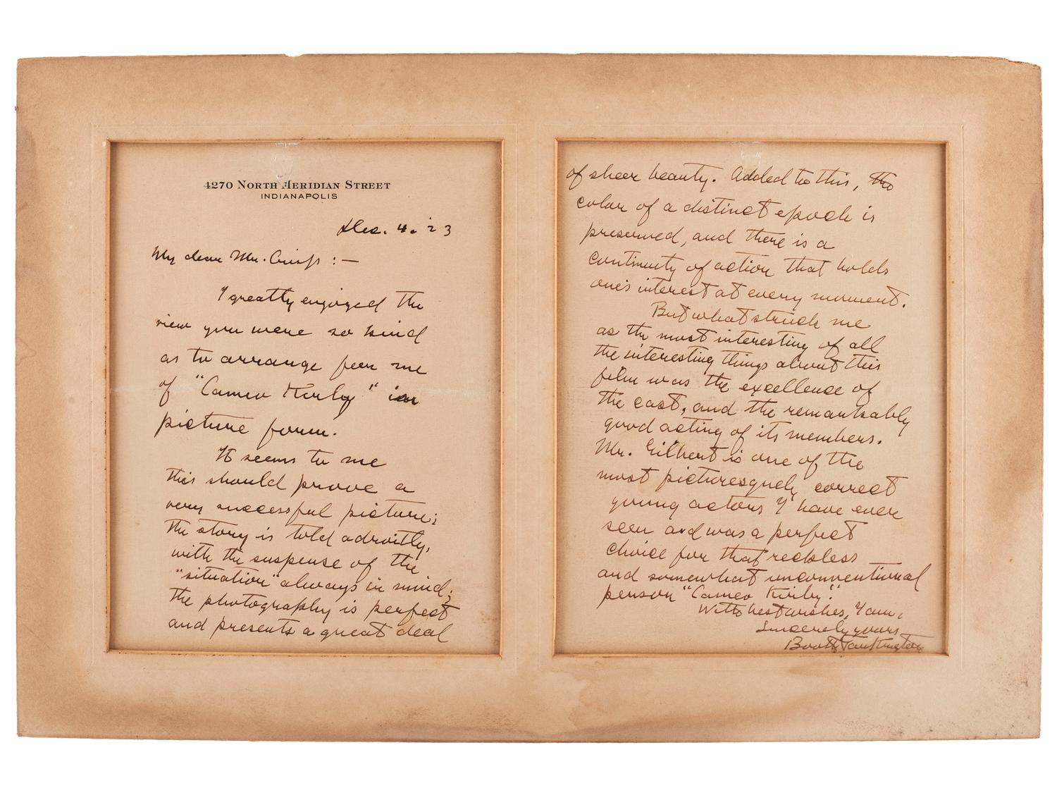 TARKINGTON, Booth (1869-1946). Autograph letter signed ("Booth Tarkington"). Indianapolis, 4 December 1923. After a courtesy viewing of John Ford's 1923 adaptation of Tarkington's play Cameo Kirby.