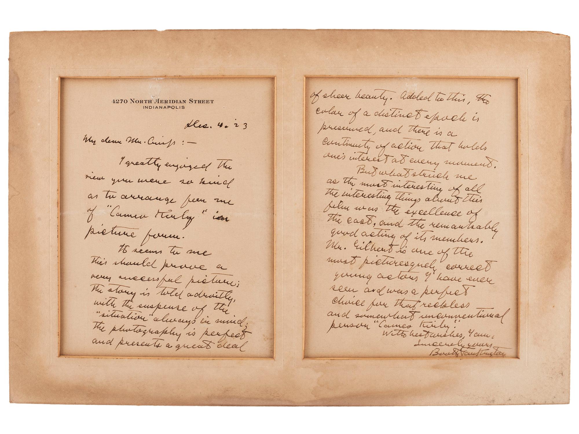 TARKINGTON, Booth (1869-1946). Autograph letter signed ("Booth Tarkington"). Indianapolis, 4 December 1923. After a courtesy viewing of John Ford's 1923 adaptation of Tarkington's play Cameo Kirby.