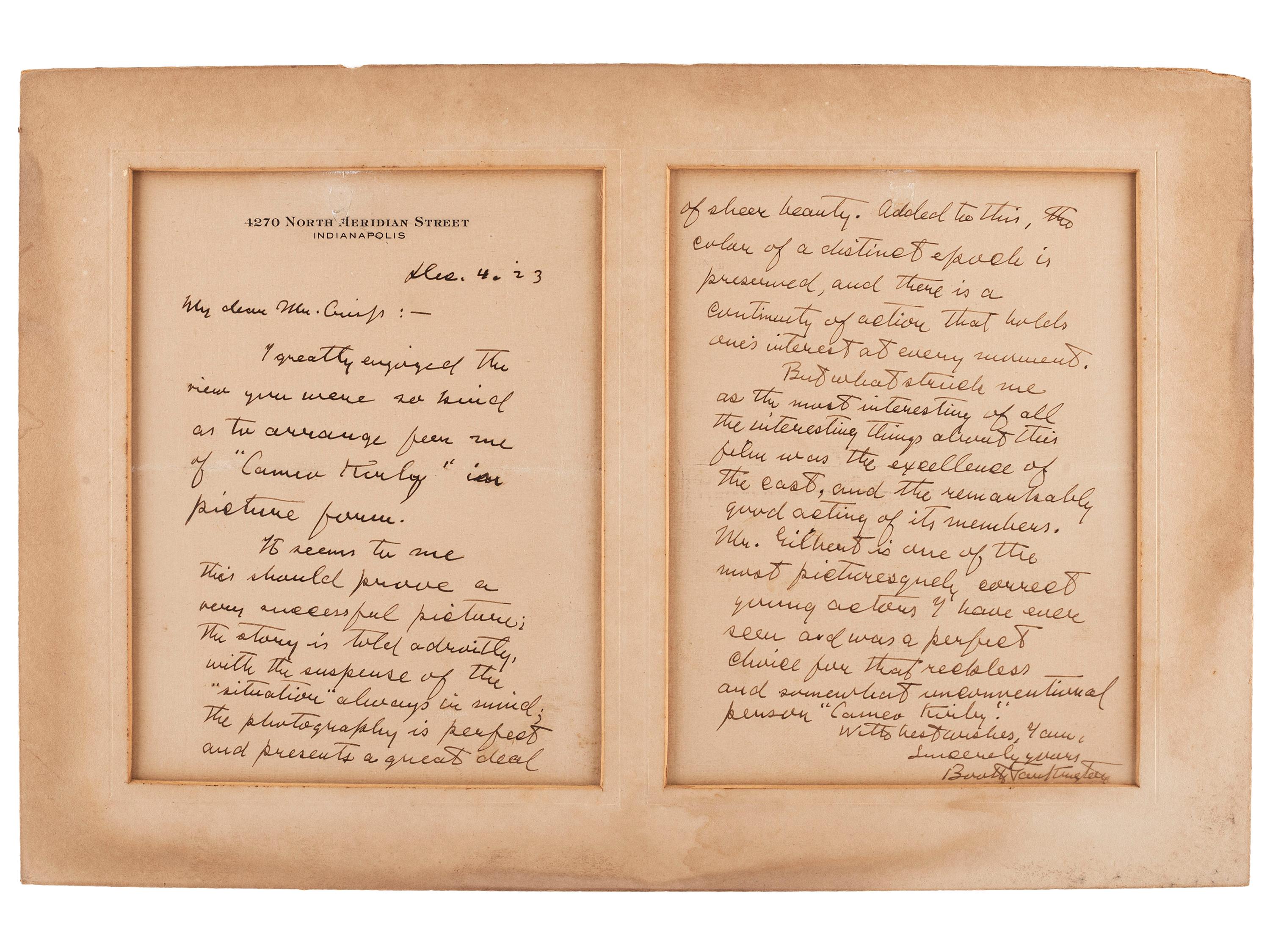 TARKINGTON, Booth (1869-1946). Autograph letter signed ("Booth Tarkington"). Indianapolis, 4 December 1923. After a courtesy viewing of John Ford's 1923 adaptation of Tarkington's play Cameo Kirby.