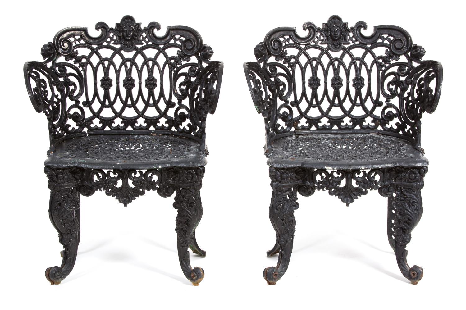 A Victorian Three-Piece Painted Iron Garden Suite Height of bench 33 x width 44 1/4 inches. — 19TH CENTURY