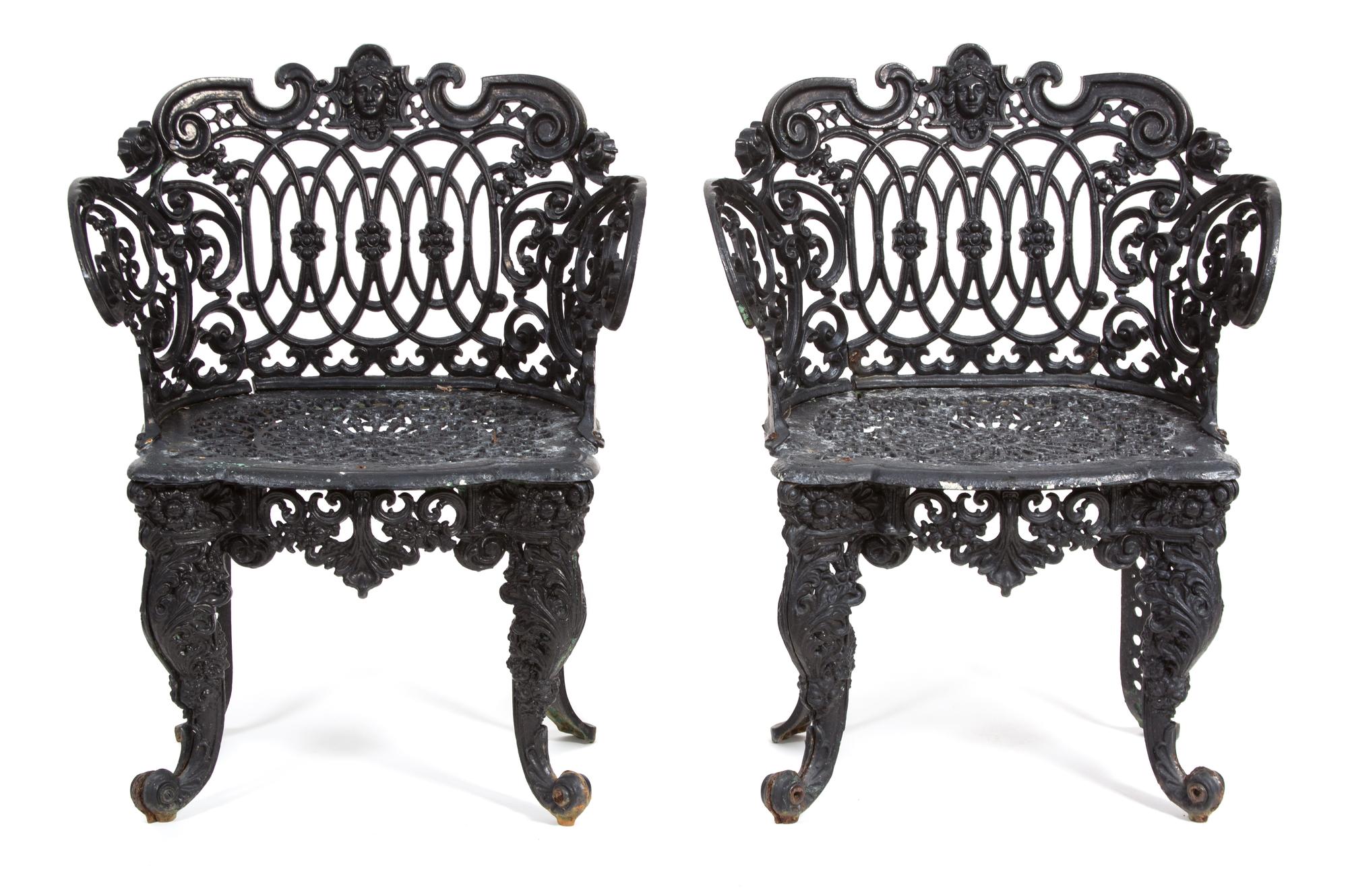 A Victorian Three-Piece Painted Iron Garden Suite Height of bench 33 x width 44 1/4 inches. — 19TH CENTURY