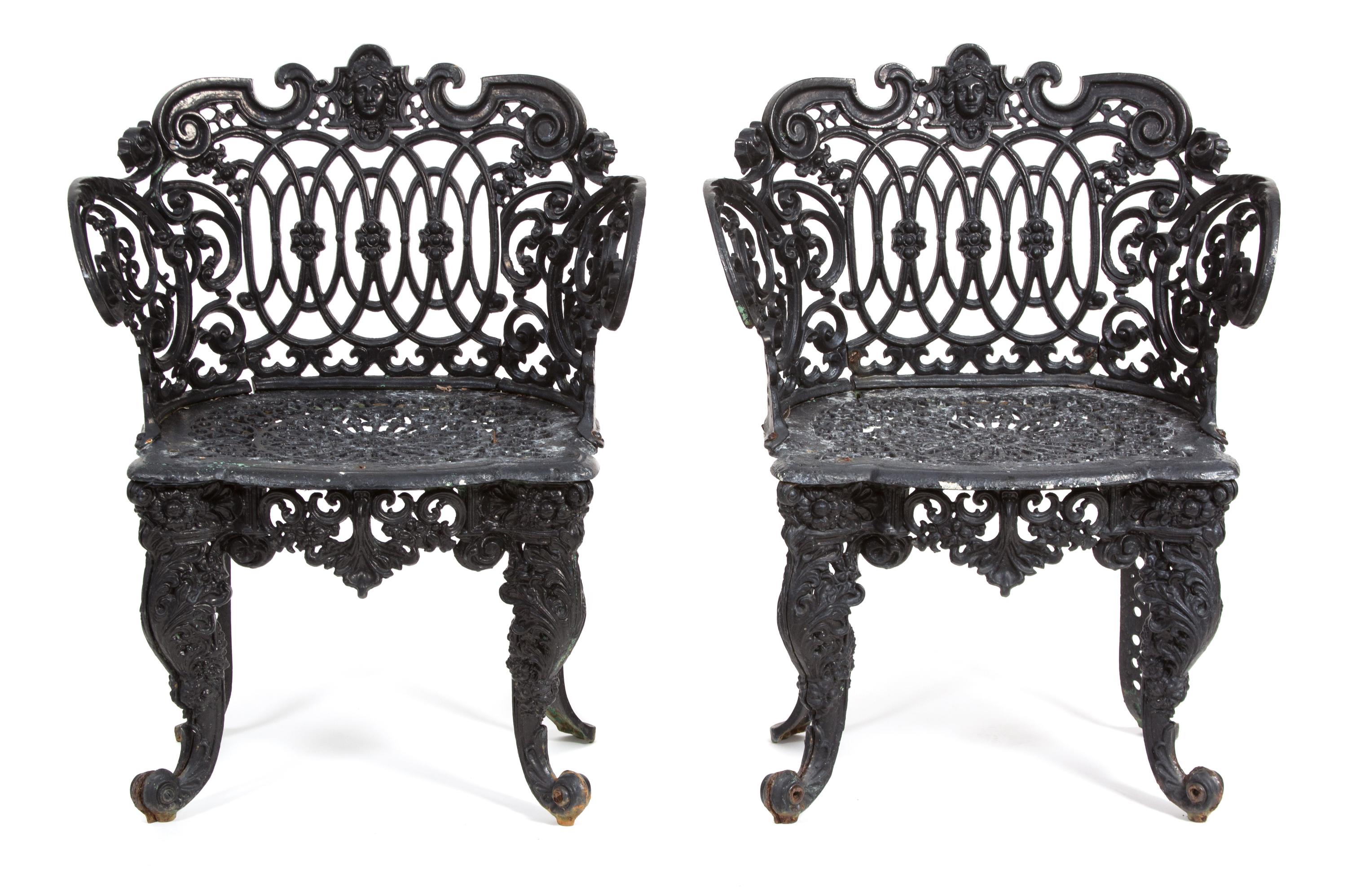 A Victorian Three-Piece Painted Iron Garden Suite Height of bench 33 x width 44 1/4 inches. — 19TH CENTURY