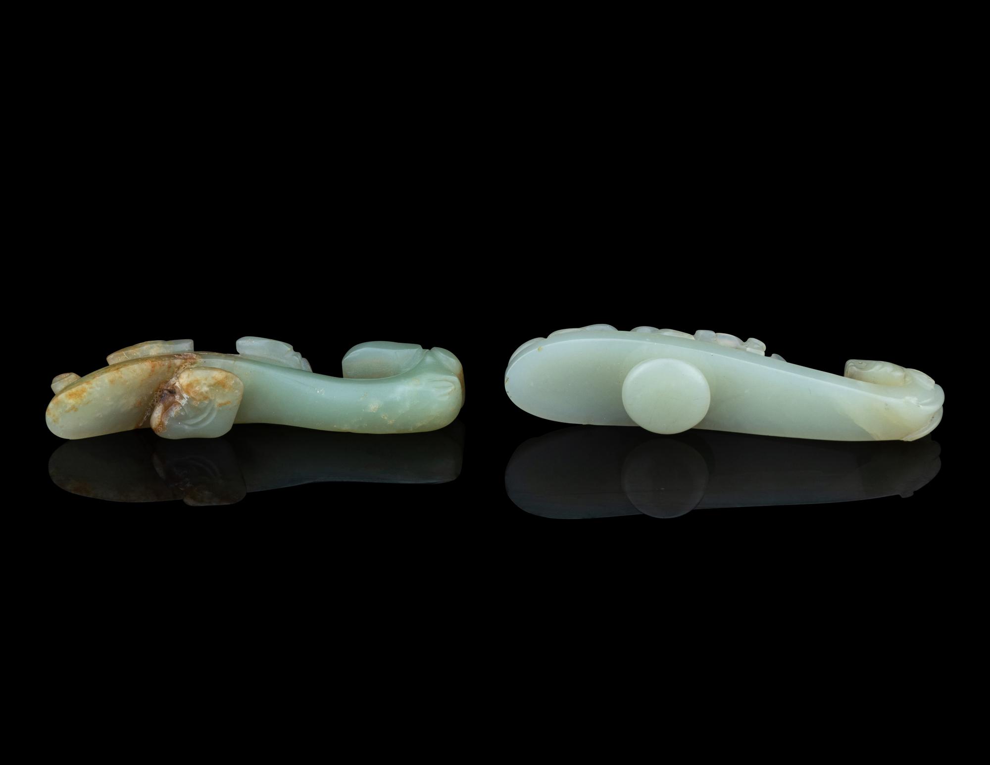 Two Celadon Jade Belt Hooks