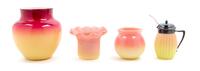 A Group of Four Glass Articles in yellow and pink, one with…