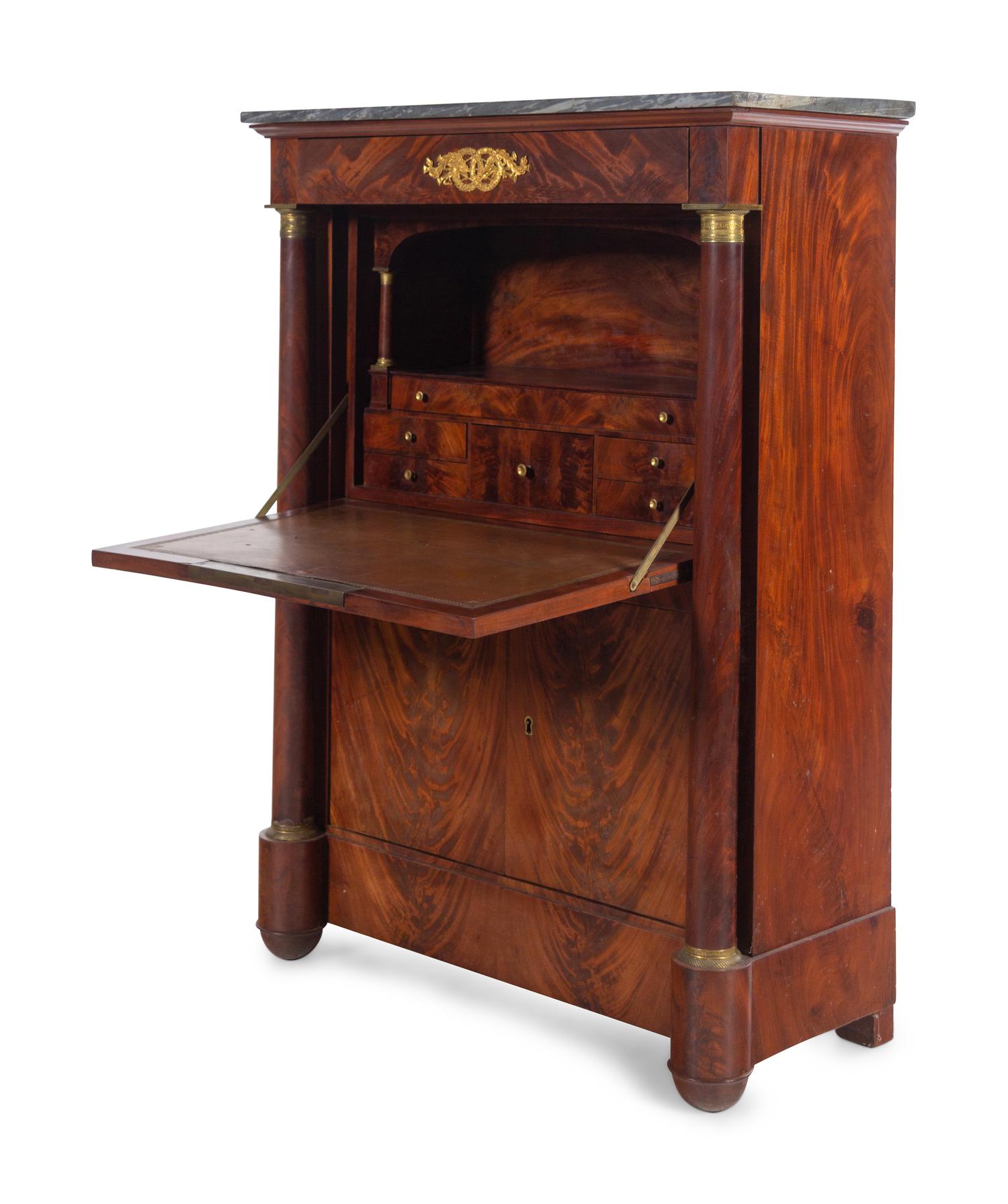 An Empire Style Gilt Bronze Mounted Mahogany Marble-Top Secrétaire à Abattant