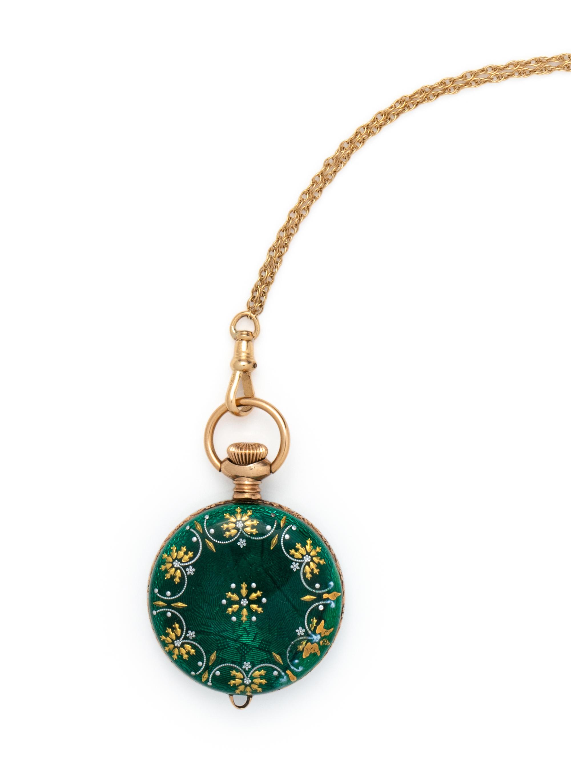 SILVER GILT AND ENAMEL OPEN FACE POCKET WATCH AND YELLOW GOLD SLIDE NECKLACE