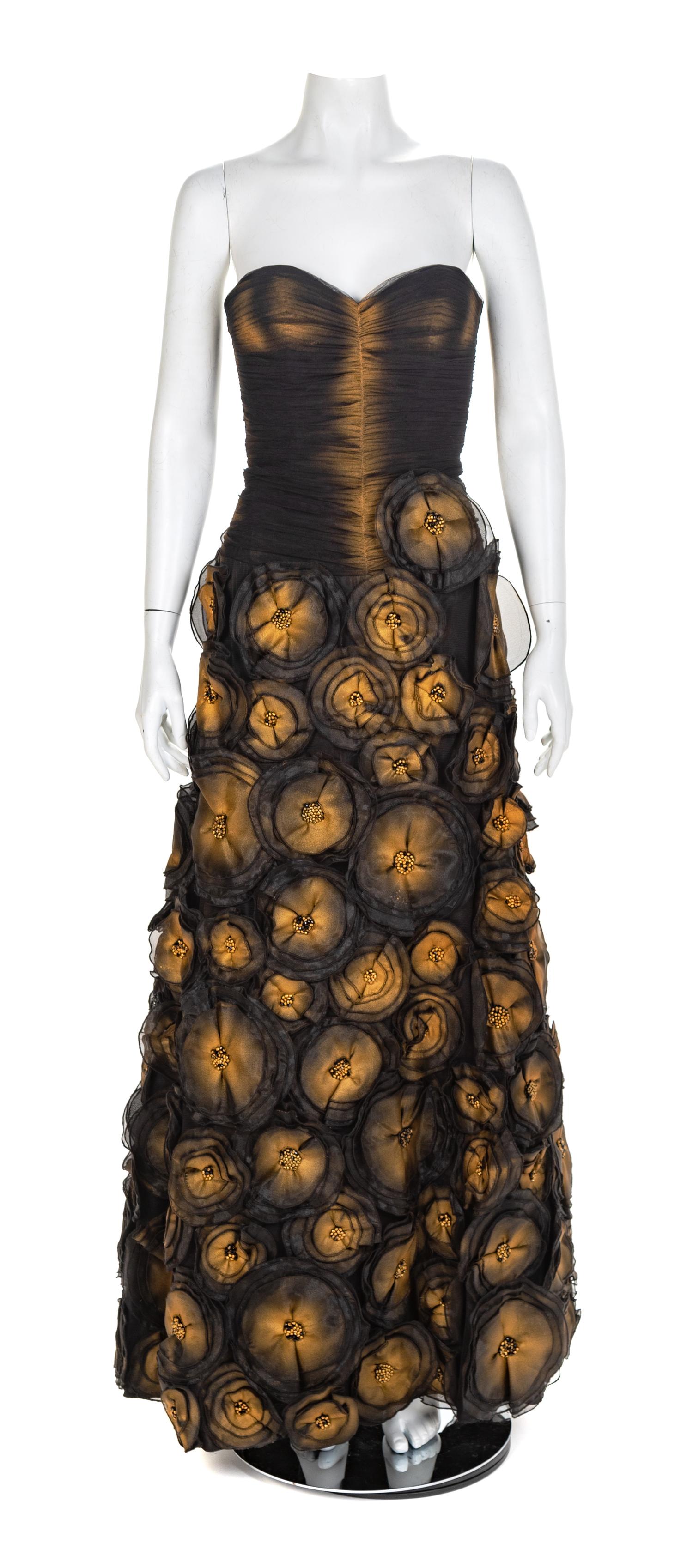 Jovani Black Strapless Dress with Gold Painted Flower, 2000s Size label: 6