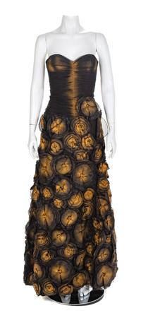 Jovani Black Strapless Dress with Gold Painted Flower, 2000s Size label: 6