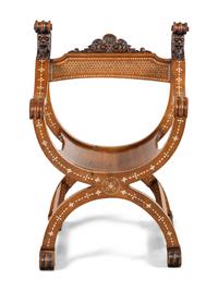 A North Italian Carved Walnut and Bone-Inlaid Savonarola Chair