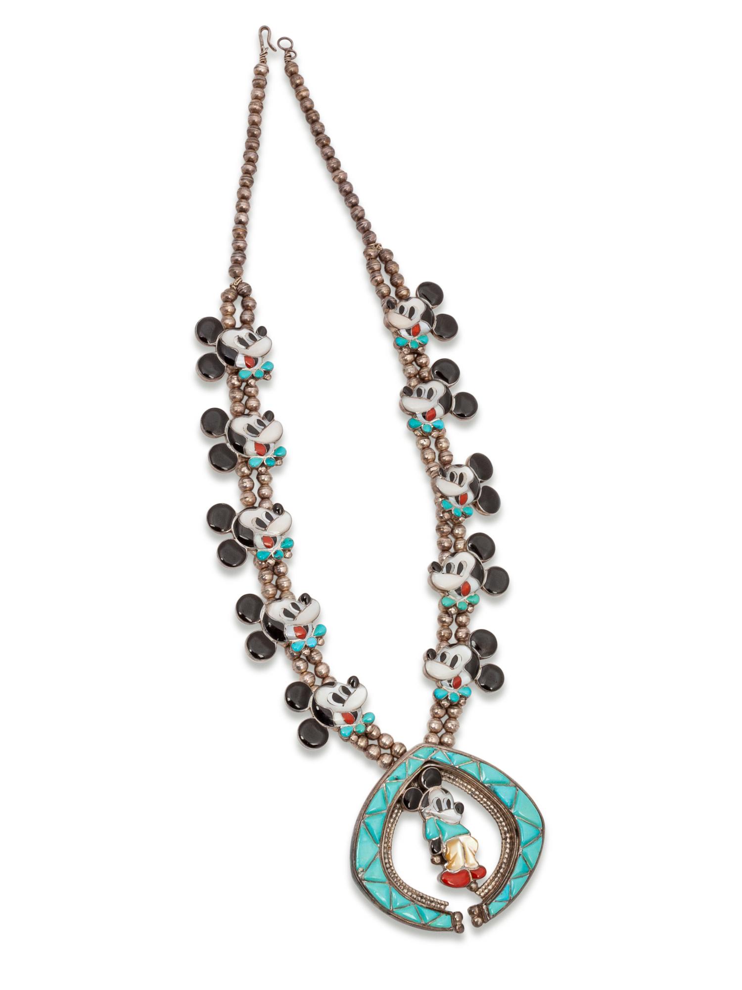 Zuni-Toon Mickey Mouse Squash Blossom Necklace, and Two Rings, 1974 and 1975