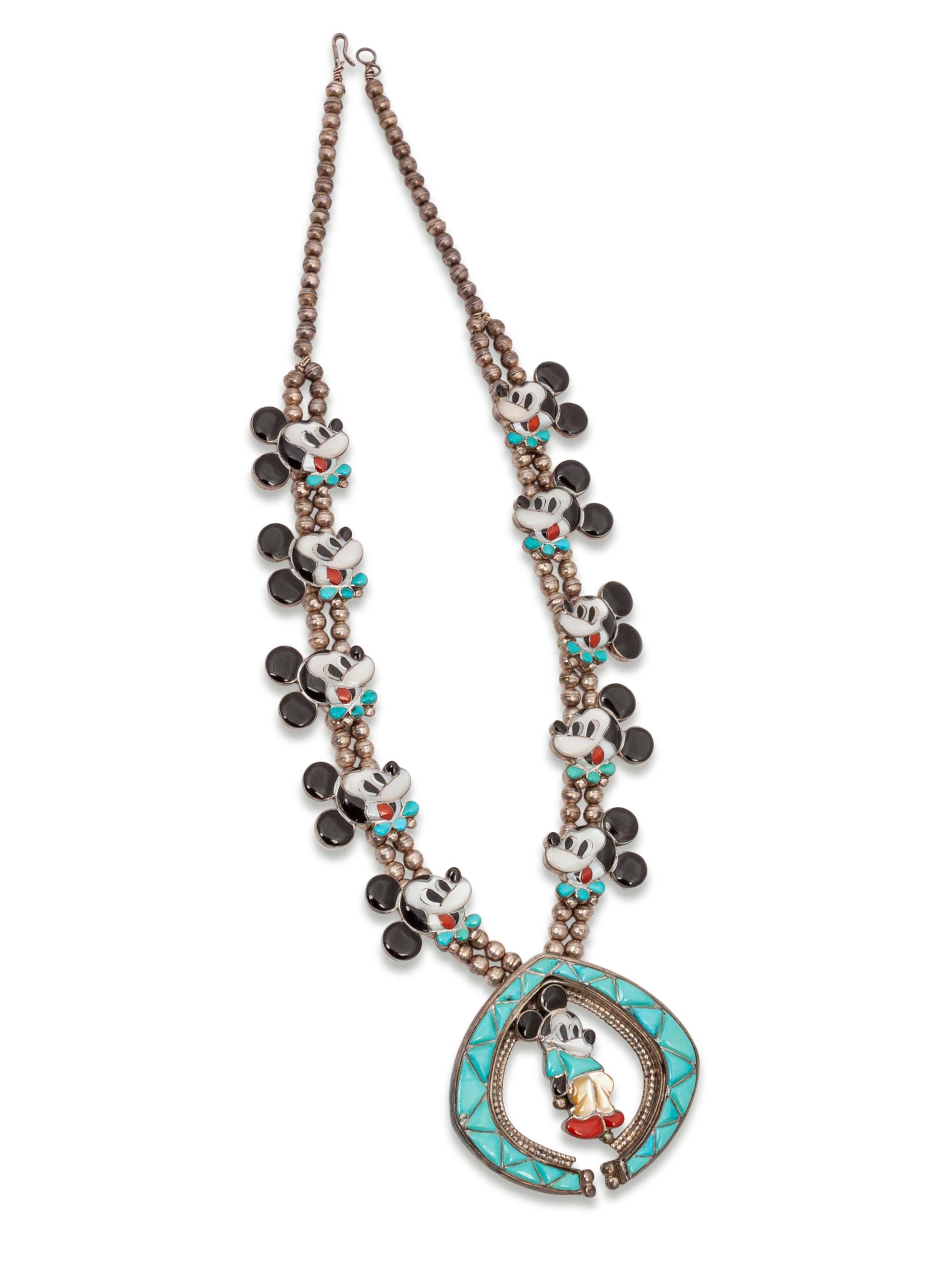 Zuni-Toon Mickey Mouse Squash Blossom Necklace, and Two Rings, 1974 and 1975
