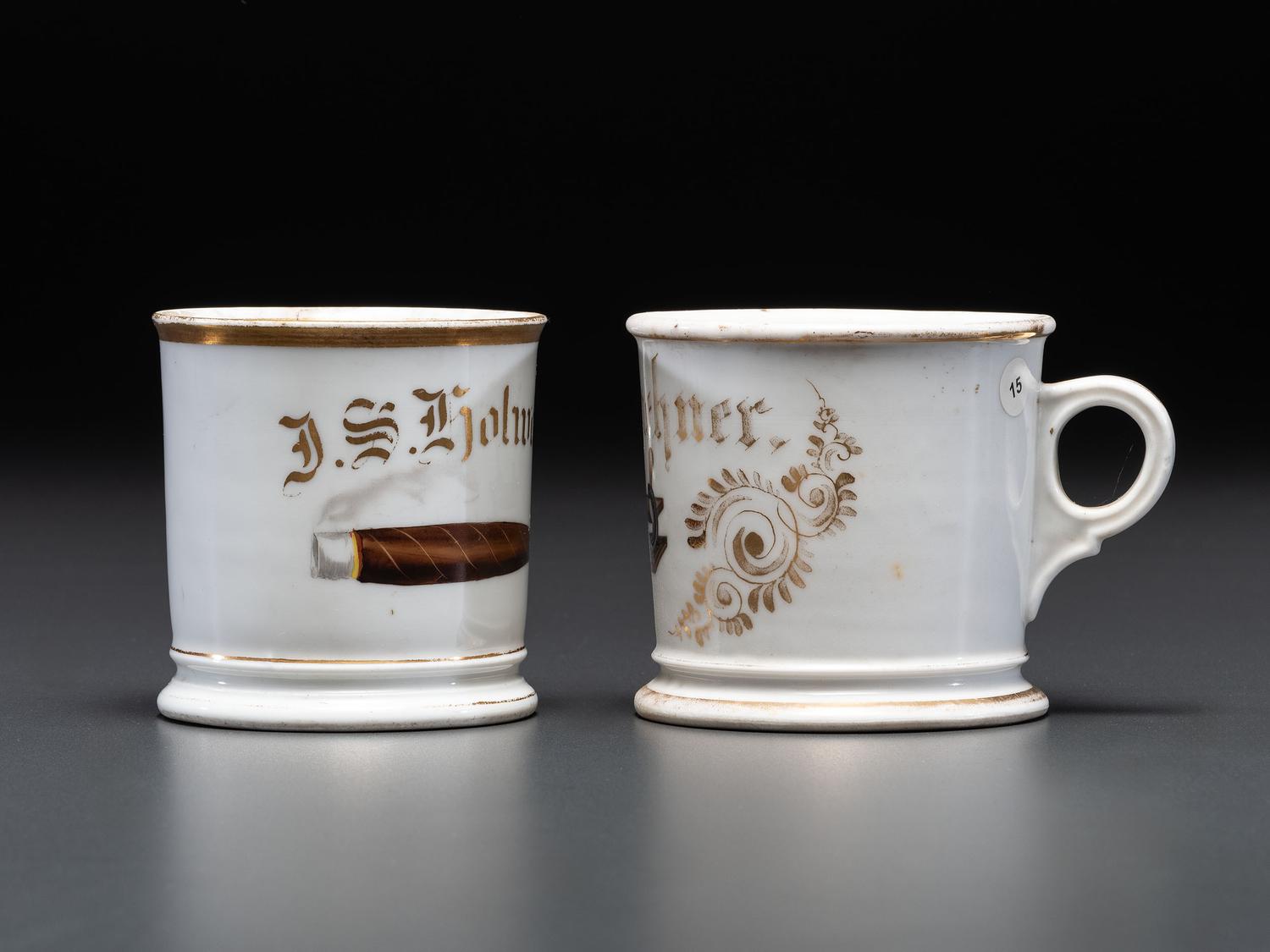 Two Tobacco Related Porcelain Occupational Shaving Mugs
